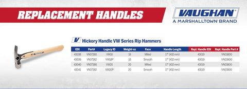 Replacement Hammer Handle 17 Inch Hickory Straight Grip For VW Series Made In The USA 3800 VN03800 product chart and image