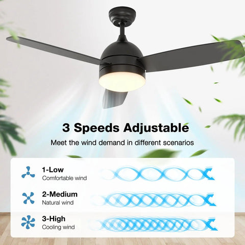 Ceiling Fan With Lights And Remote Control 48 Inch Black Finish Dimmable LED Light Silent Motor 3 Speeds Adjustable