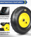 Upgrade 13 Inch Pneumatic Wheelbarrow Tire For 4.00 To 6 Wheel Size Fits Five Eighths And Three Quarters Bearings Hub From 1.75 To 6 Inches Tough As Nails Replacement For Garden Cart Dolly Trolley Wagon With 330 Pound Load Capacity, featuring thickened iron rims and a thicker valve seat.