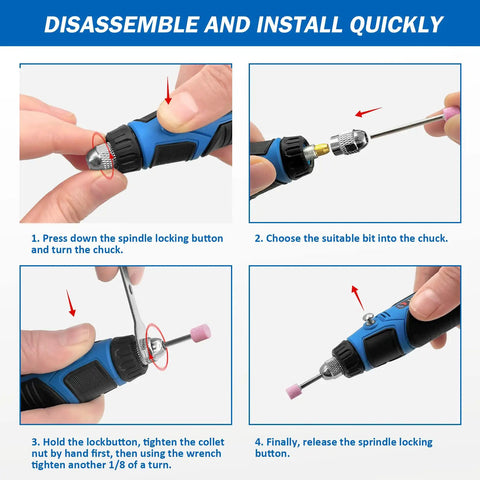 Step-by-step guide using Cordless Rotary Tool Kit for small DIY projects with 72 accessories, showing spindle lock and bit installation.