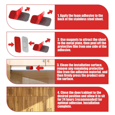Installation instructions for Ultra Thin Magnetic Cabinet Door Catches Kit, 12 Pairs with No Drill Adhesive Strips and magnets.