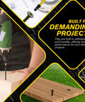 No 10 Three And A Half Inch Black Knurled Star Drive Wood Screws being used with drill for DIY projects on wood block
