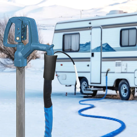 RVMATE heated water hose for RV, blue exterior with insulated black sleeve and white connector, RV in background.