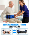 Caregiver assisting elderly man with blue 7 Handle Gait Belt For Seniors 59 Inch With No Slip Padding Quick Release Buckle Safe Transfer Aid.