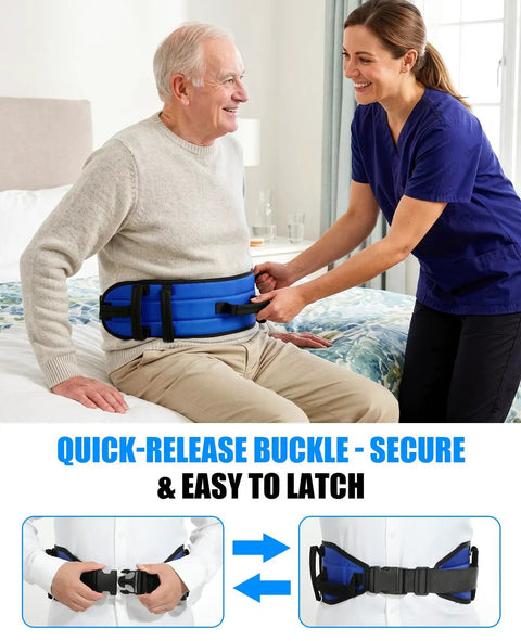 Caregiver assisting elderly man with blue 7 Handle Gait Belt For Seniors 59 Inch With No Slip Padding Quick Release Buckle Safe Transfer Aid.