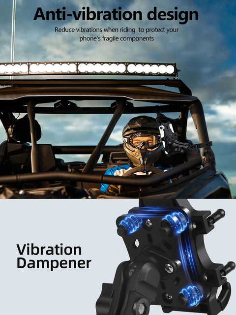 Anti Vibration UTV Phone Mount Heavy Duty Full Protection SXS Phone Holder with vibration dampener and roll cage view