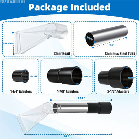 Image of Must Have All In One Universal Shop Vac Adapter Kit shown with various size adapters and stainless steel tube.