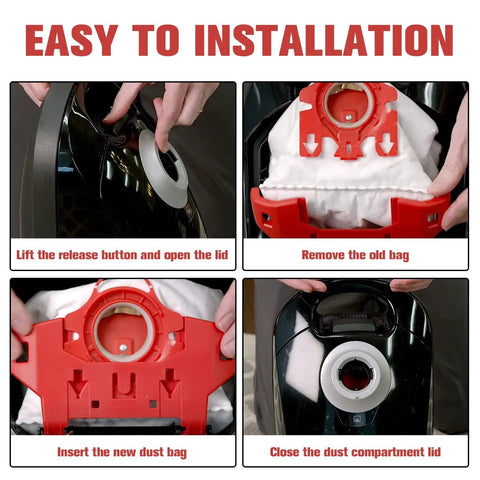 Installation steps for Replacement Dust Bags Pack Of 10 With 3 Motor Protection Filters And 3 Air Clean Filters For Compact C2 C1 S Series Vacuum Cleaners Fits FJM Style Models