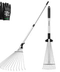 Two Piece Adjustable Leaf Rake Set With Telescoping Handles And Collapsing Tines Designed For Yard Cleanup Garden Debris And Camping Raking 64 Inch And 30 Inch Rakes 15 Tine And 9 Tine Configurations displayed with gloves