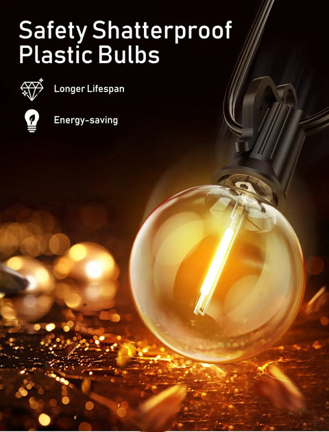 LED Outdoor String Lights 100ft With 104 Bulbs Weatherproof Shatterproof Patio Lights For Backyard Vibes close-up of bulb