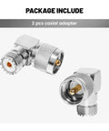 UHF Male PL259 To SO239 UHF Female Coax Adapters Right-Angle L-Shaped Low-Loss Antenna Connector 2 Pack shown in package