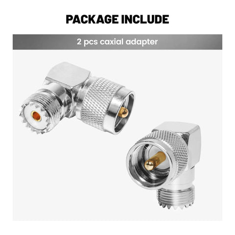 UHF Male PL259 To SO239 UHF Female Coax Adapters Right-Angle L-Shaped Low-Loss Antenna Connector 2 Pack shown in package
