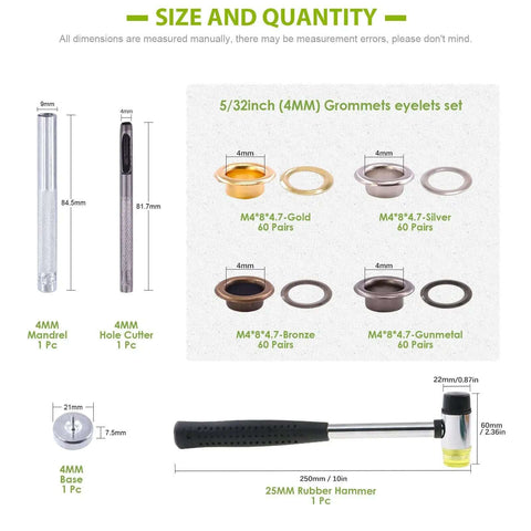 All In One Eyelet Grommet Kit With 240 Pcs 4mm 5/32 Inch Thickened Metal Eyelets And Washers Include Punch Cutter Rubber Hammer And Four Tools