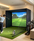 Man practicing with Golf Simulator Enclosure With Double-Layer Silent HD Impact Screen And Side Barriers, 10 By 8 Ft Indoor Hitting Cage.