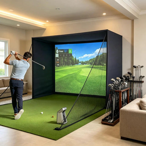 Man practicing with Golf Simulator Enclosure With Double-Layer Silent HD Impact Screen And Side Barriers, 10 By 8 Ft Indoor Hitting Cage.
