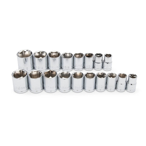 19-Piece Three-Eighths Inch Drive 6 Point SAE And Metric Mechanics Tool Set For Auto Repair And DIY showing chrome vanadium sockets