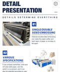 Heavy Duty Compact Toilet Paper Making Machine Full Throttle Rewinder Embosser Cutting Rig showcasing double-sided embossing and various paper specifications.