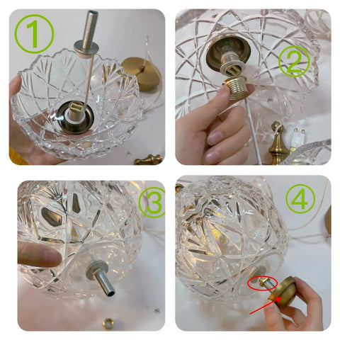 Assembly steps for Antique Style Adjustable Glass Pendant Light Fixture With Brass Hardware for Kitchen Island and Dining Room.