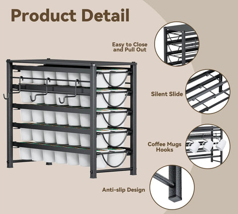 5 Tier Metal Coffee Pod Organizer Drawer Holds 70 K Cups with cup racks, anti-slip design, and easy pull-out feature.