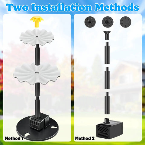 Sun Powered Water Fountain Kit With 2.5W Solar Panel, Four Spray Nozzles, And 9.54 Ft Cable installation methods diagram