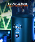 Front view of Blue Yeti USB Microphone For PC And Mac, Gaming And Streaming Ready, studio-quality condenser mic with logo and mute button.
