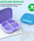 Portable 4 Compartment Pill Organizer Mini Travel Pill Box with open and closed views, showing purple and blue cases on display