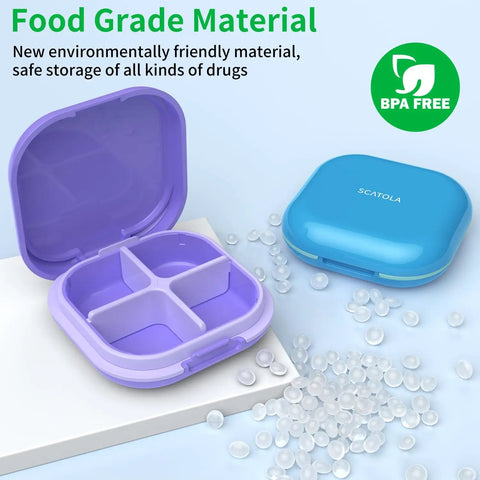 Portable 4 Compartment Pill Organizer Mini Travel Pill Box with open and closed views, showing purple and blue cases on display