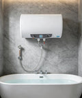 Slick Wall Mounted Electric Tank Water Heater With Lightning Fast Heating And A Dead Simple Setup For Zero Hassle Operation And Plenty Of 70 Liter Hot Water Anytime installed above a modern bathtub.