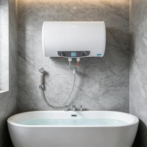 Slick Wall Mounted Electric Tank Water Heater With Lightning Fast Heating And A Dead Simple Setup For Zero Hassle Operation And Plenty Of 70 Liter Hot Water Anytime installed above a modern bathtub.