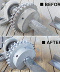 Before and after images of metal gear cleaned with 100 Grit Aluminum Oxide Sand Blasting Media For Metal Surfaces Pro Grade Heavy Duty.