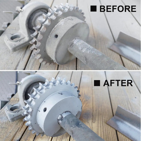 Before and after images of metal gear cleaned with 100 Grit Aluminum Oxide Sand Blasting Media For Metal Surfaces Pro Grade Heavy Duty.