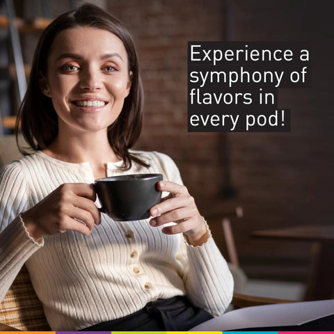 Woman enjoying coffee, text reading "Experience a symphony of flavors in every pod".
