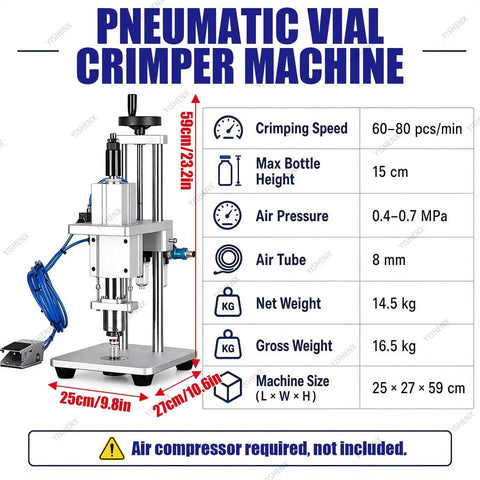 High Speed Pneumatic Vial Sealing Machine For Aluminum Glass Bottles with specifications and dimensions displayed clearly.