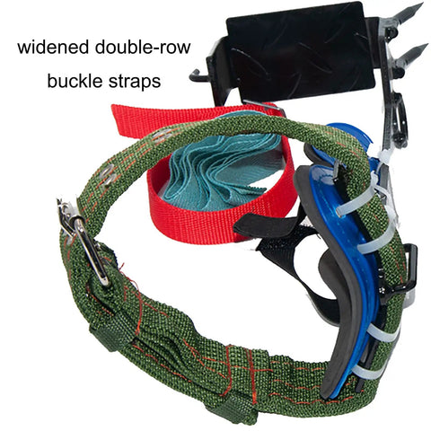 Close-up of Two Pack Tree Climbing Gear Kit with pro-grade spikes and harness belt showing adjustable buckle straps