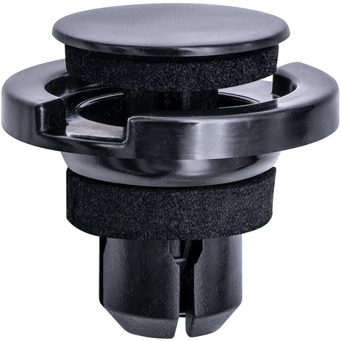 Rexka rocker moulding push-type retainer with sealer, black plastic fastener with foam seal (front view)