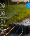 Hella Rugged Outdoor Electrical Box Waterproof Rain Guard Boss Grade Extension Cord Cover With Rubber Sealed Ports IP54 All Weather Power Outlet Protector, black box on the grass with hoses.