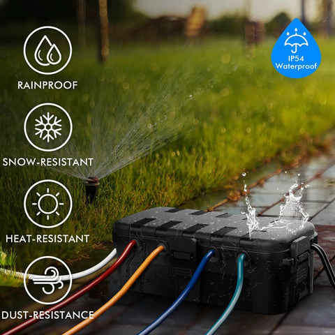 Hella Rugged Outdoor Electrical Box Waterproof Rain Guard Boss Grade Extension Cord Cover With Rubber Sealed Ports IP54 All Weather Power Outlet Protector, black box on the grass with hoses.