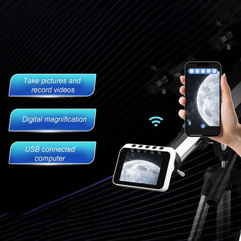 Dope WiFi Eyepiece For Telescopes And Microscopes With 2.8 Inch Display, showing live moon view on a smartphone screen.