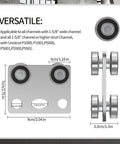 Side and front view of Four Wheel Trolley Assembly Rollers With Bearing For Use With One And Five Eighths Inch Wide And Taller Strut Channel