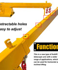 Heavy Hitting Telescoping Forklift Jib Boom Crane with adjustable retratable holes and dual hooks for lifting.