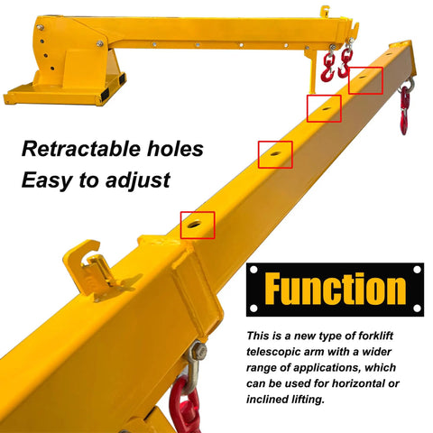 Heavy Hitting Telescoping Forklift Jib Boom Crane with adjustable retratable holes and dual hooks for lifting.