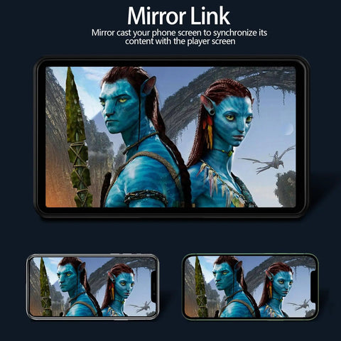 7 Inch Wireless CarPlay And Android Auto Portable Touchscreen Stereo displaying Mirror Link feature with movie characters on screen