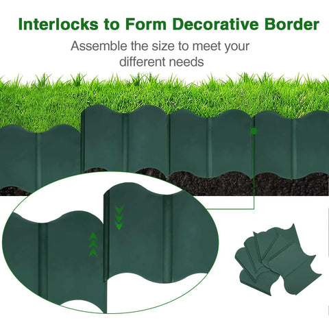 20 Pack Garden Edging Border Set With Interlocking 5.3 Inch Tall Flexible Plastic Borders For Lawn And Flower Beds 10.5 Feet Total Length No Dig Required Easy Install For DIY Patio Walkway And Yard Border showing interlocking design and green lawn.