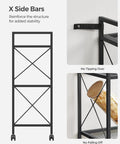 X side bars on Three Tier Rolling Steel Storage Rack With Mesh Shelves provide stability and prevent tipping over.
