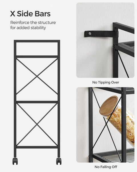 X side bars on Three Tier Rolling Steel Storage Rack With Mesh Shelves provide stability and prevent tipping over.