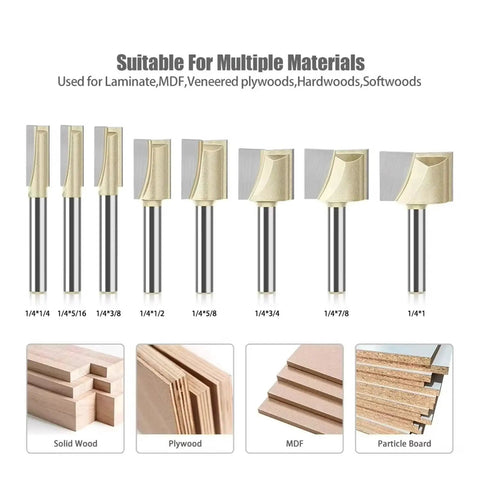 Top Tier 1/4 And 1/2 Inch Shank Slotting Cleaning Bottom Router Bit Set For Precision Woodworking showing multiple sizes and materials.
