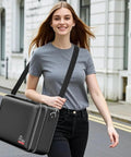 Woman carrying Fireproof And Water Resistant Document Box With Lock, Hard Shell Safe Case, 24 Pocket Accordion File Organizer.