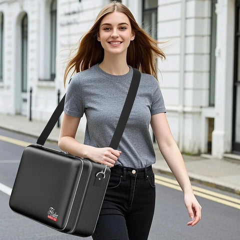 Woman carrying Fireproof And Water Resistant Document Box With Lock, Hard Shell Safe Case, 24 Pocket Accordion File Organizer.