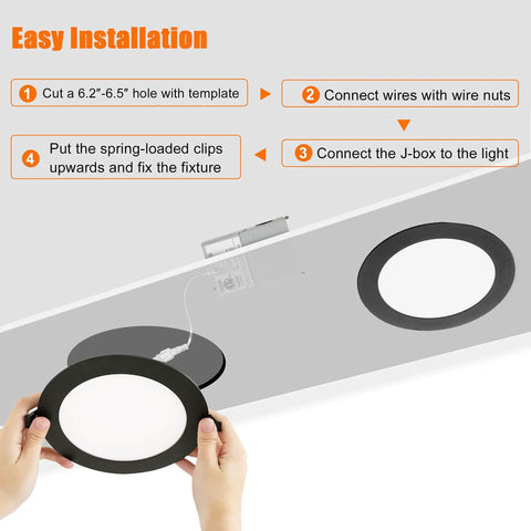 Installation guide for Lit Six Inch Canless Recessed Lighting Kit With 5CCT Adjustable From 2700K To 5000K, showing hands installing light.