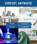 Four images showing work, studying, gaming, and lounging setups, featuring modern desks with computers and a cozy couch.